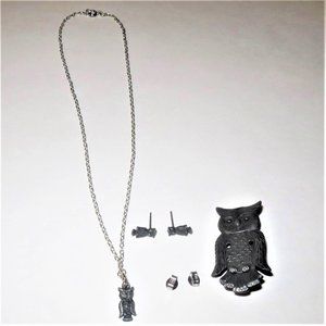 Children's  Pewter Owl Jewelry Set, Brooch, Earrings and Pendant Necklace